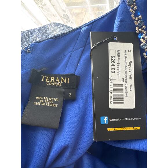 2010s Terani Couture Royal Silver Beaded Metallic Evening Gown Size 2 NWT - Picture 10 of 16